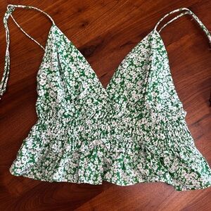 Green and White Smocked Camisole with Ruffled Tie Front